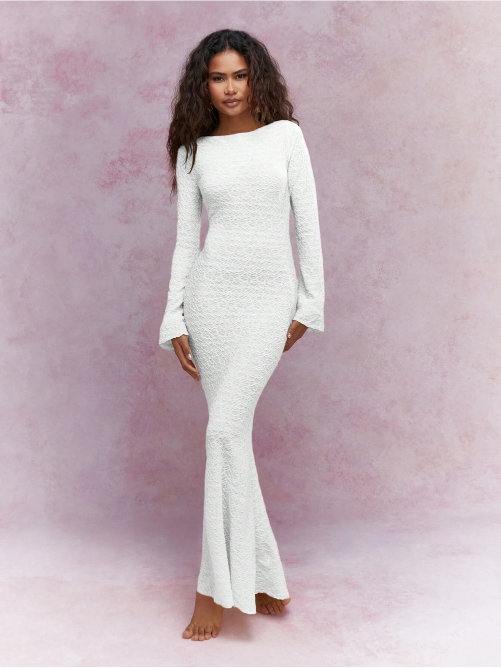 Missguided Backless White Textured Long Sleeve Maxi Mermaid Dress